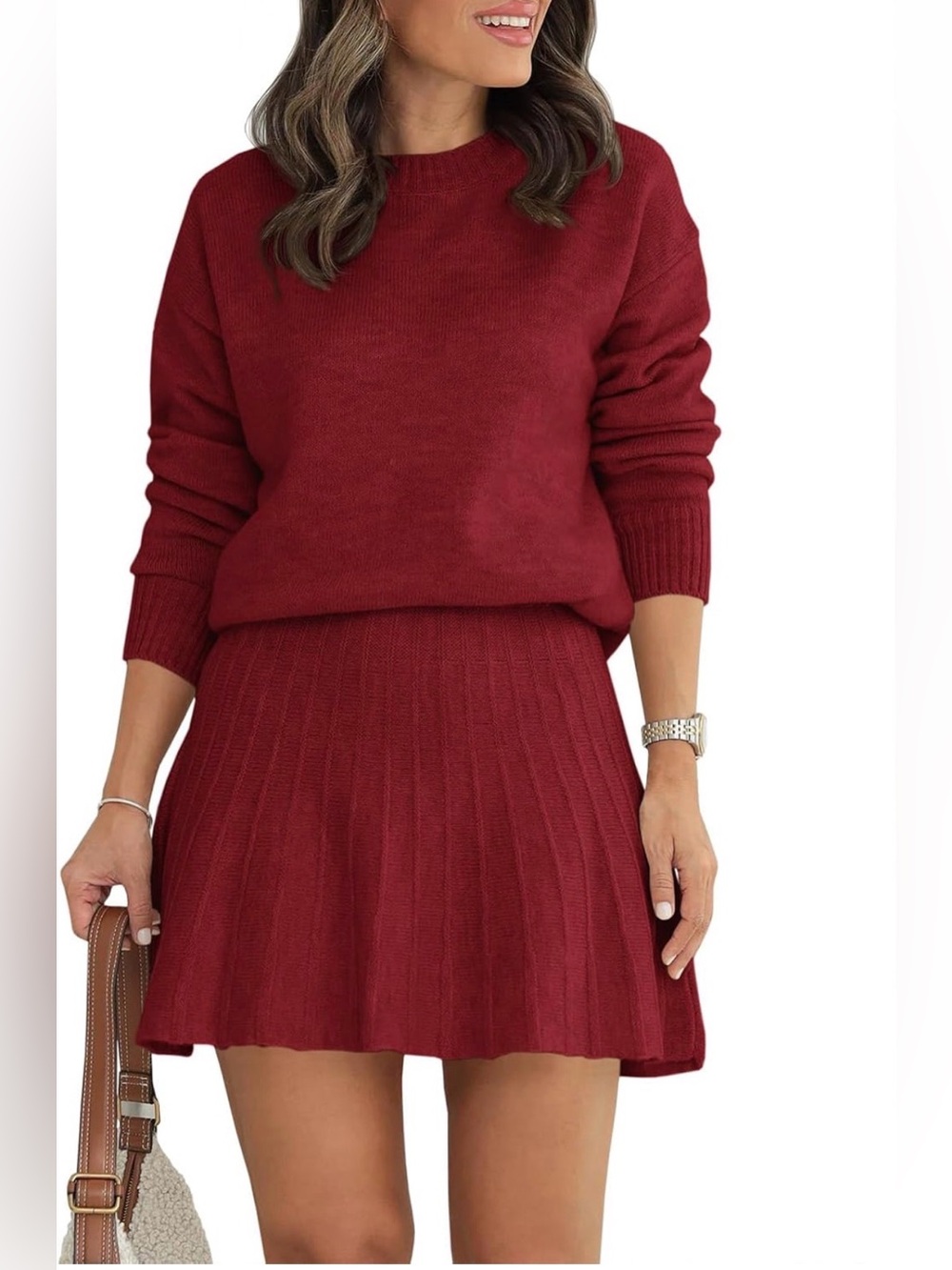 Women's Red Knit Pleated Skirt